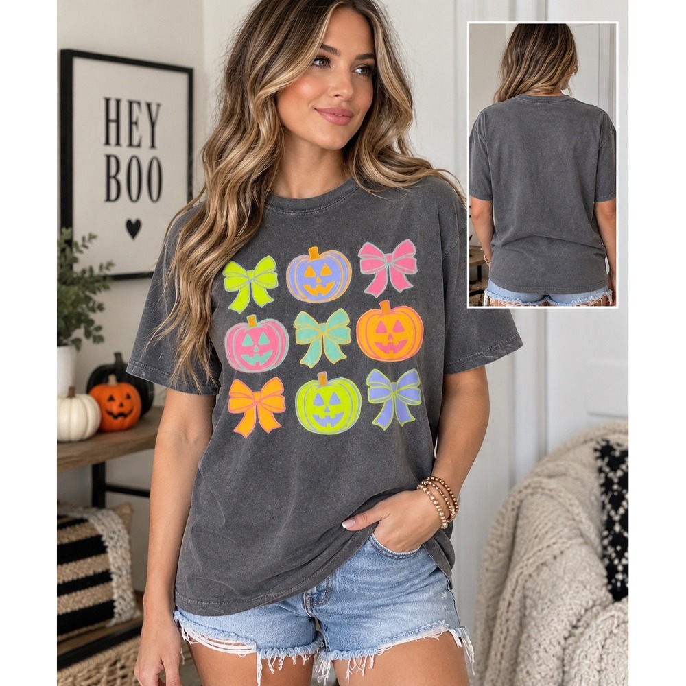 Comfort Colors Halloween Pumpkin Bow Graphic T-Shirt Gray Neon Women Small